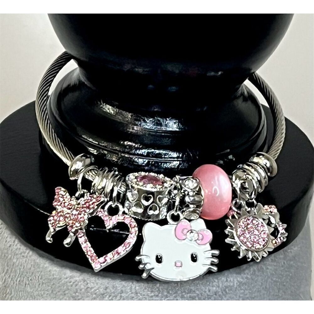 Sanrio Hello Kitty Pink Charm Bracelet Hearts & Butterflies Y2k Birthday Bling - Picture 2 of 6